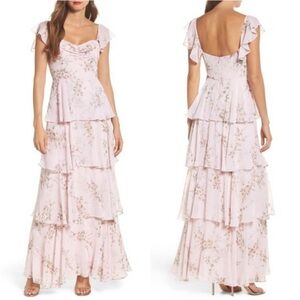 Wayf Elegant Cottage Pastel Pink Floral Tiered Off Shoulder Maxi Dress